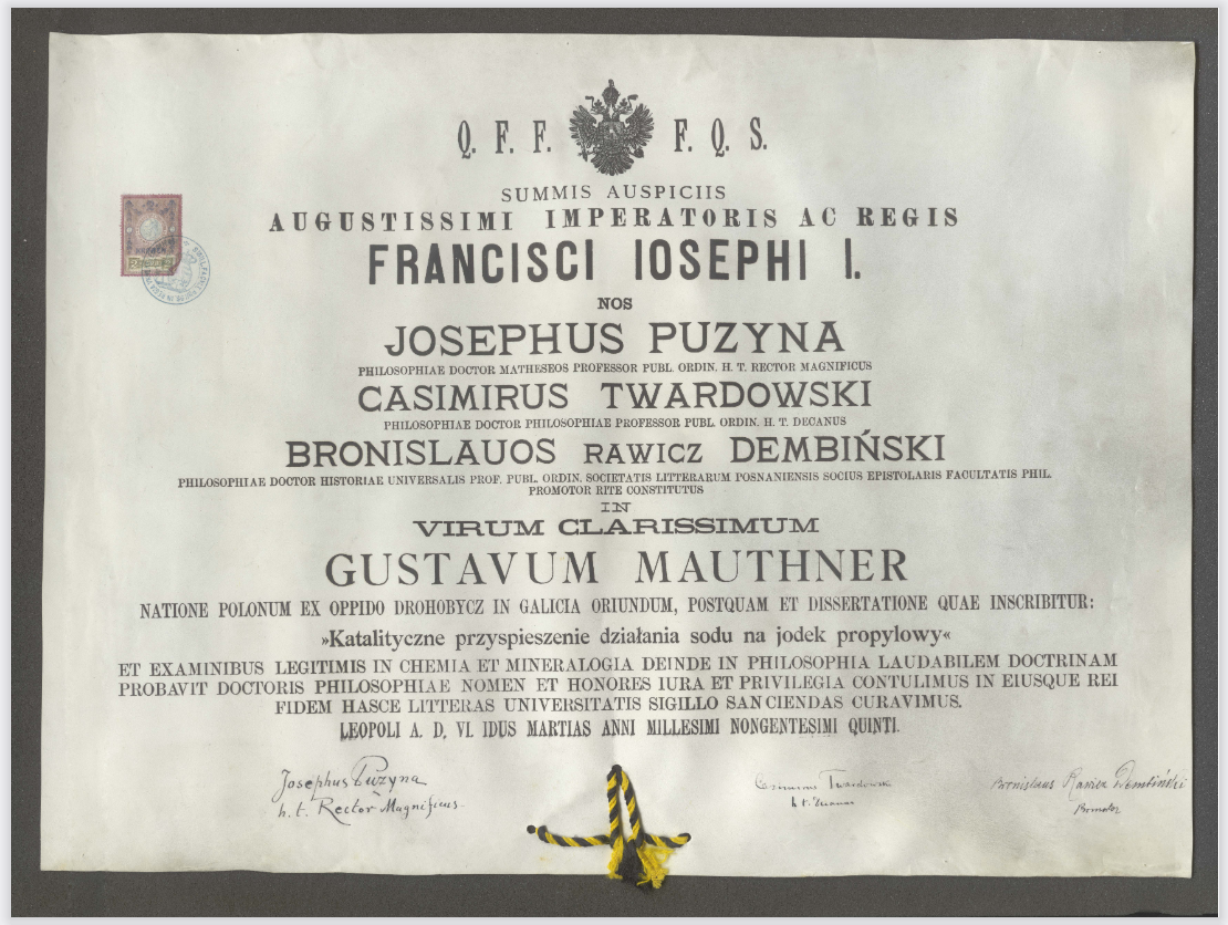 Dyplom doktorski Gustawa Mauthnera wystawiony na Uniwersytecie Lwowskim w 1905 roku (ze zbiorów Biblioteki Jagiellońskiej).